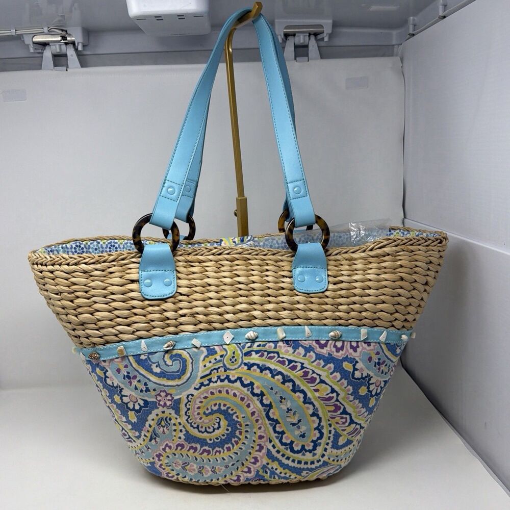 Vera Bradley Capri Blue Woven Straw Beach Tote Seashell Trim Paisley Bag READ